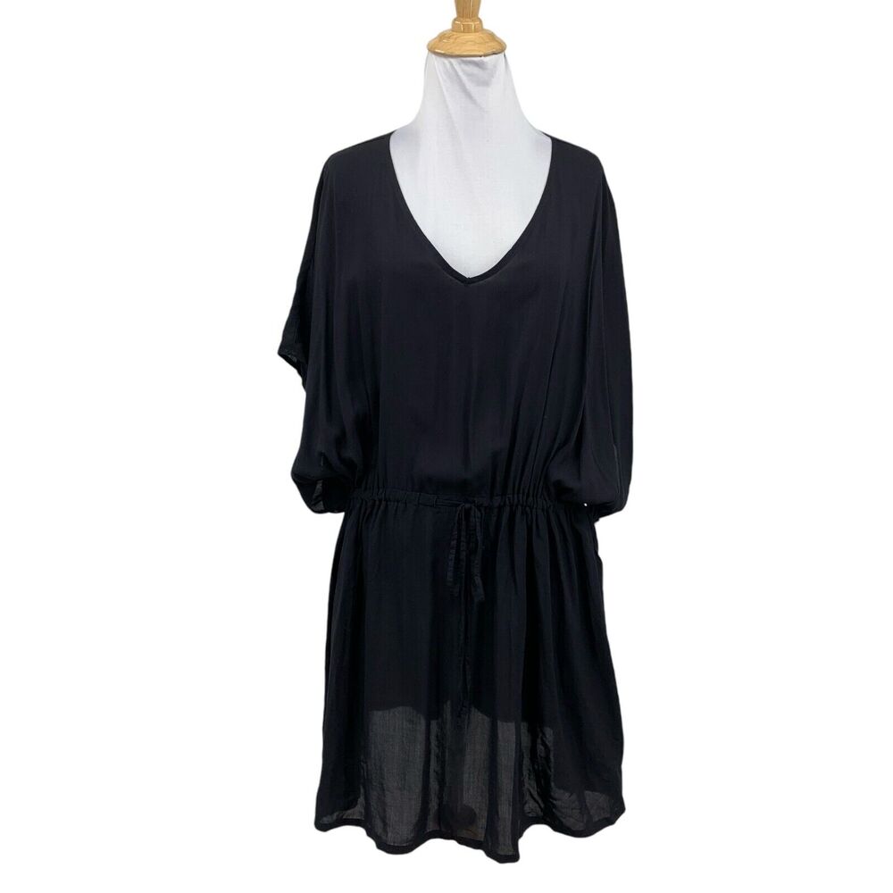 Lands End Dress Womens M/L Medium Large Black Blouson Tie Waist V Neck Cover Up